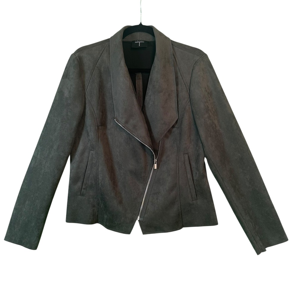 T TAHARI Women Moto Jacket 12 Faux Leather Draped Asymmetric Zip Gray Carbon Sky